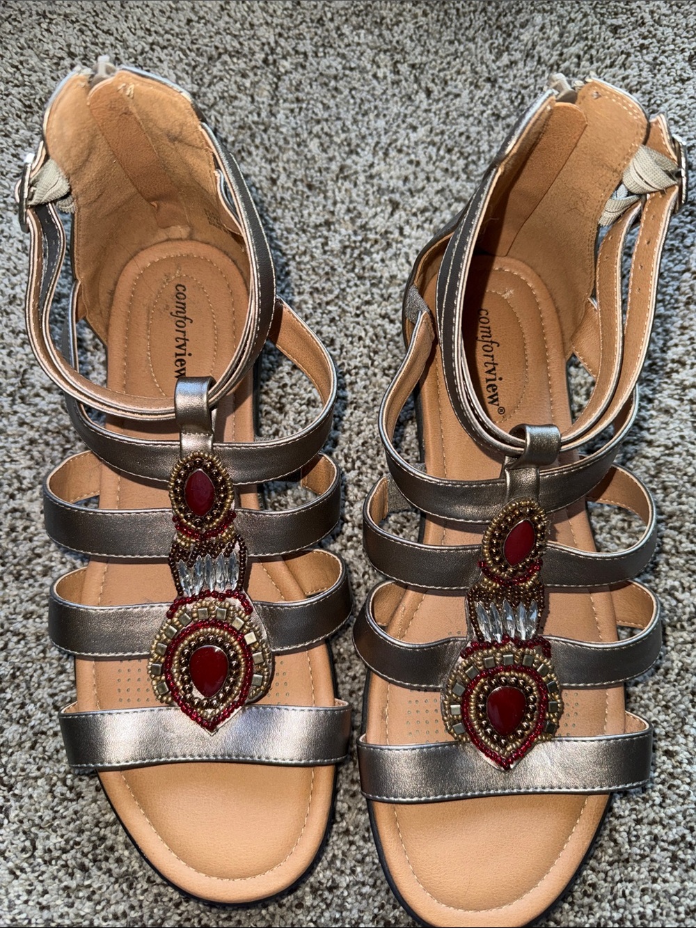 comfortview Metallic Silver Strappy Sandals with Red Jewel Accents - Picture 2 of 8